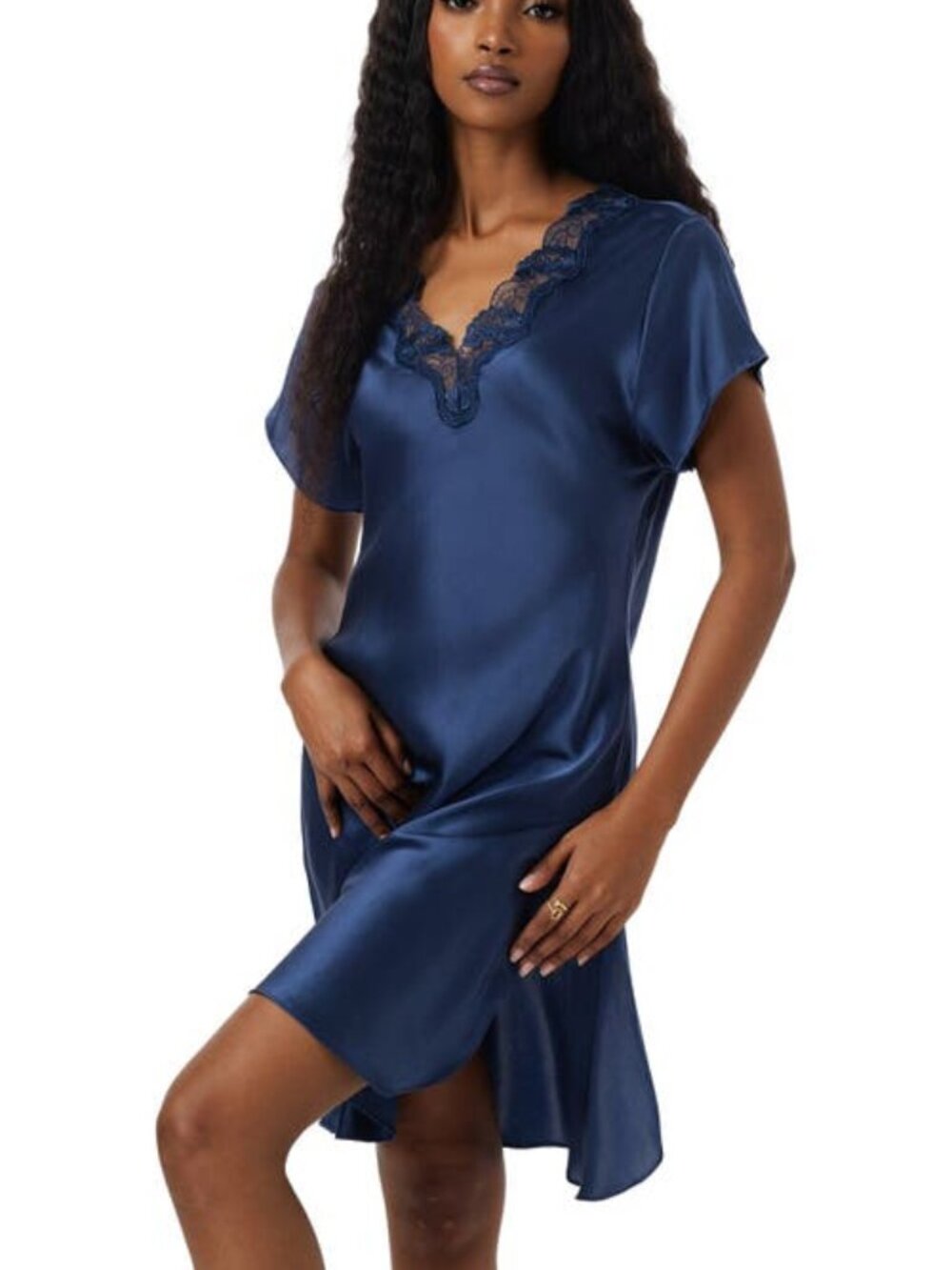 SILKSILKY  silk lace neckline split hem nightgown Size S